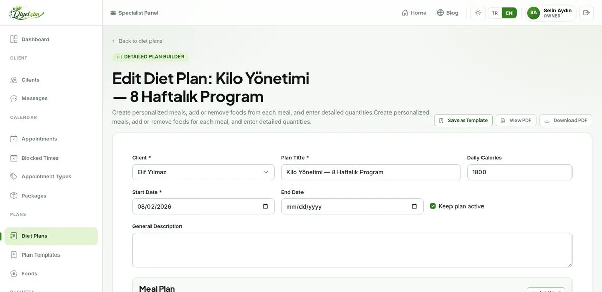 Diet plan editor: a meal-based programme with food and calorie entry