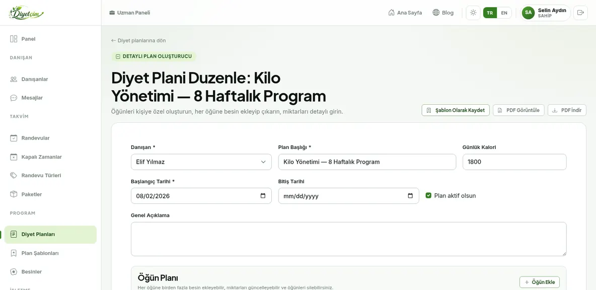Diyet planı düzenleme: öğün bazlı program, besin ve kalori girişi
