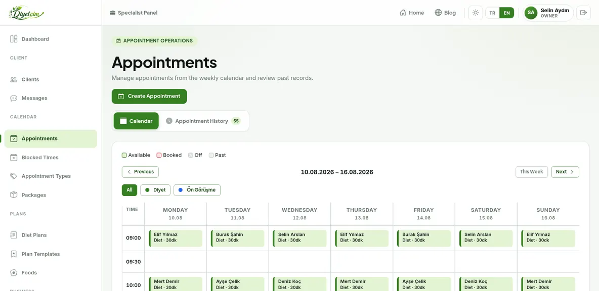Appointment calendar: a weekly view with appointments scheduled hour by hour