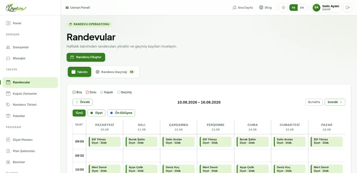 Randevu takvimi: haftalık görünümde saat saat planlanmış randevular